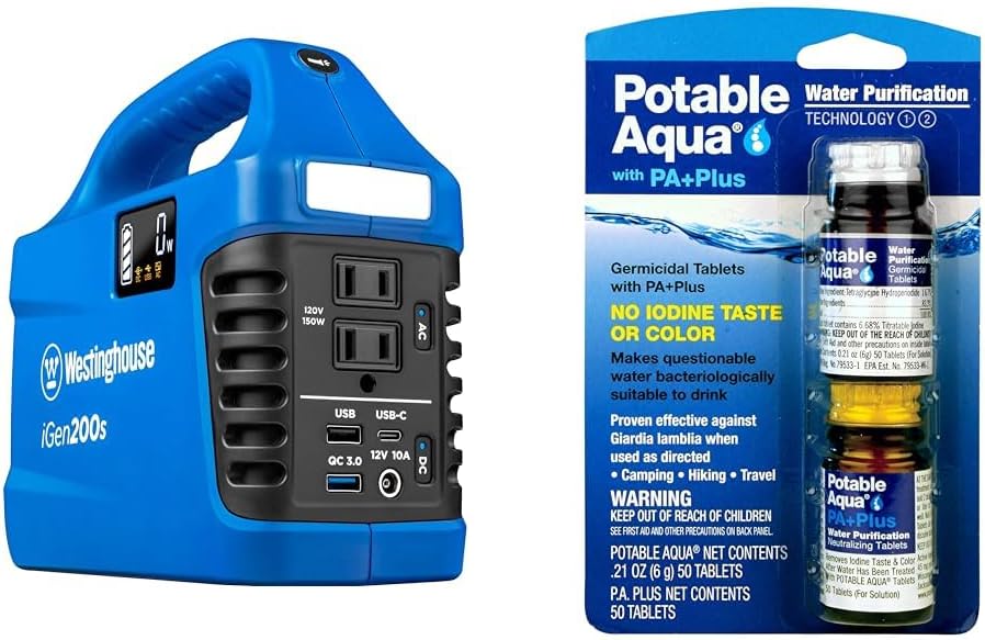 Westinghouse 194Wh 300 Peak Watt Portable Power Station and Solar Generator & Potable Aqua Water Purification Tablets with PA Plus, Portable and Effective Solution for Camping, Hiking, Emergencies