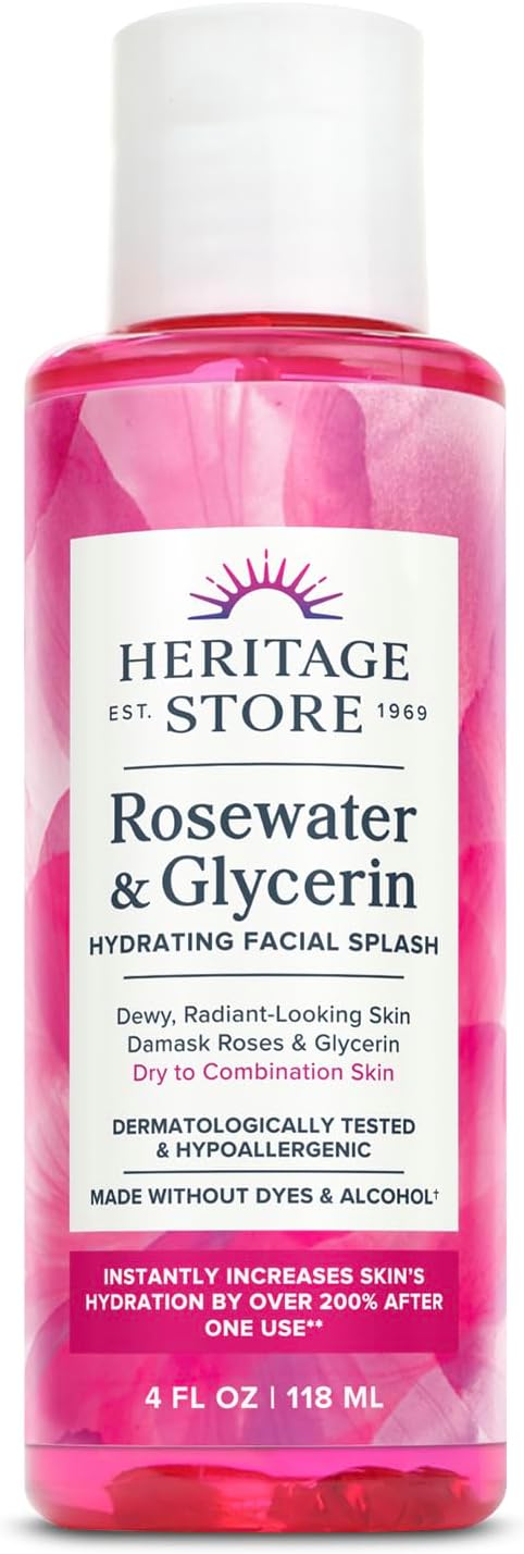 HERITAGE STORE Rosewater & Glycerin Hydrating Facial Splash – Dry Combination Skin Care – Rose Water with Vegetable Glycerine – Made w/out Dyes or Alcohol, Hypoallergenic, Vegan, 60-Day Guarantee, 4oz