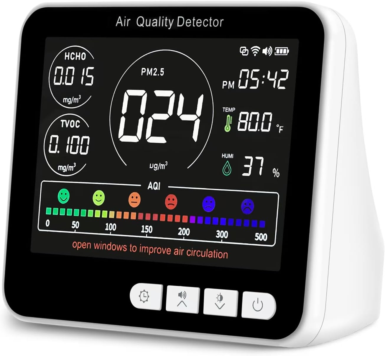 14 in 1 Air Quality Monitor Indoor with Beep Alarm, 6 AQI Air Quality Detector with PM1.0|PM2.5|PM10|HCHO|TVOC|AQI|Temperature|Humidity|Time for Home, Hotel, Office, Car, Battery Powered Air Monitor