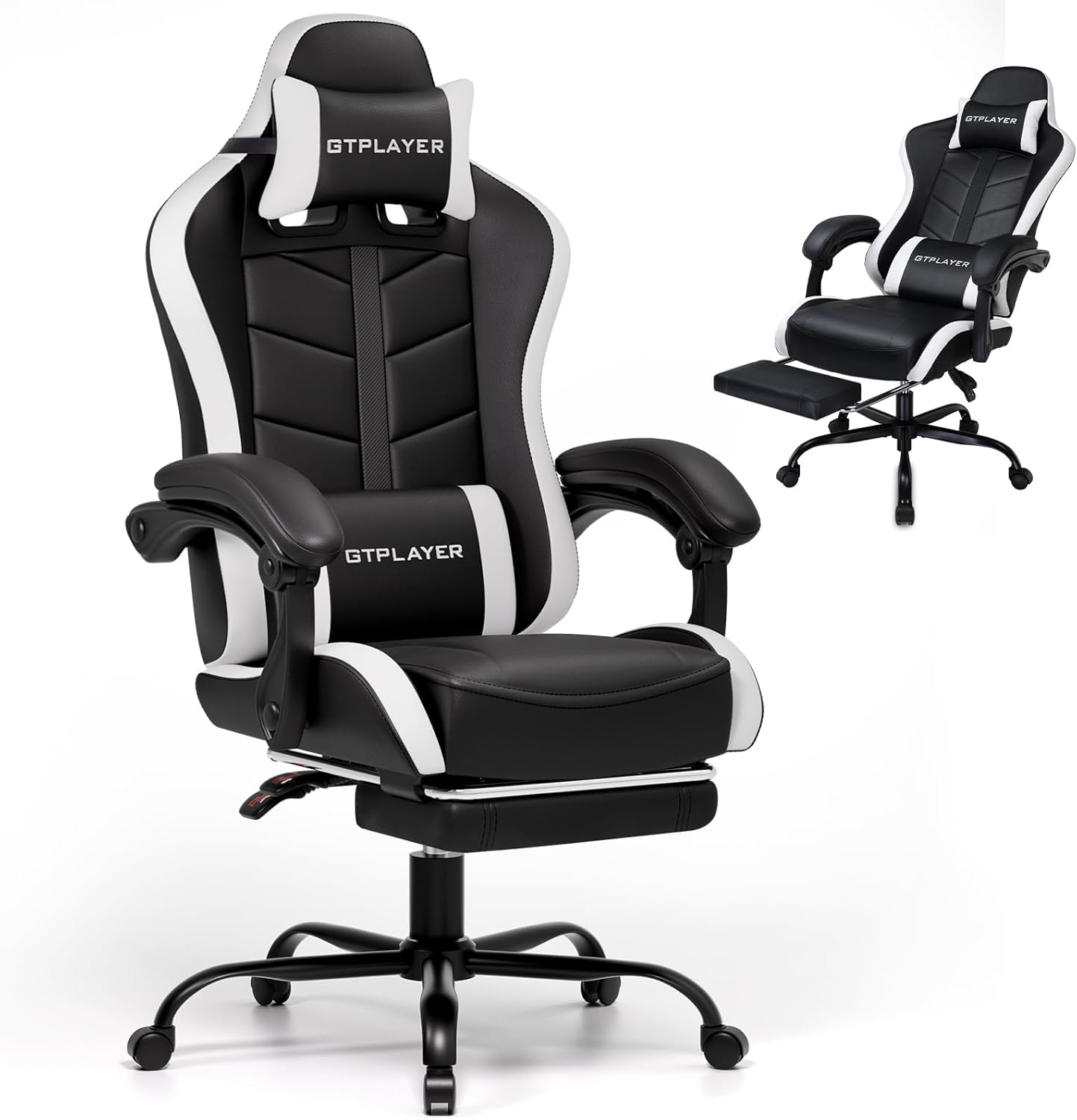 GTPLAYER Gaming Chair with Footrest, Computer Gaming Chair for Adults and Kids, Height Adjustable Gamer Chair with 90-155° Recline & Removable Headrest Lumbar Support (Carbon Black-White)