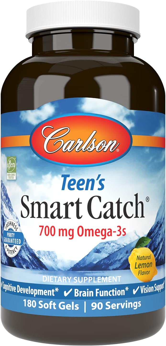 Carlson – Teen’s Smart Catch, 700 mg Omega-3s, Cognitive Development, Brain Function & Vision Support, Lemon, 180 Softgels