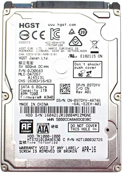 HGST 1TB HDD 7.2K RPM 2.5″ 6Gb/s SATA Hard Disk Drive Model: HTS721010A9E630 DP/N: 97DYV