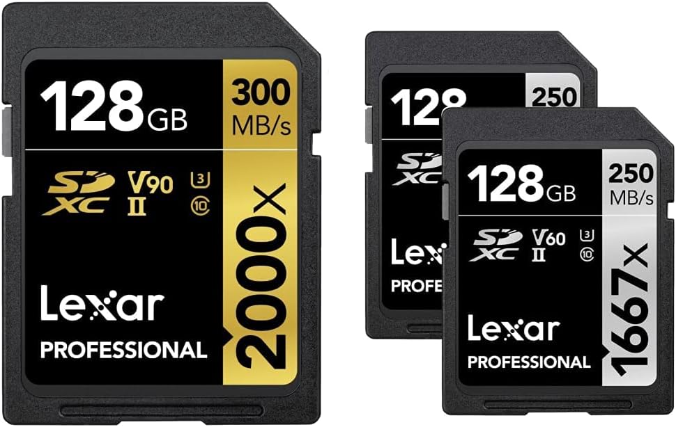 Lexar Professional 2000x 128GB SDXC UHS-II Card, Up to 300MB/s Read, for DSLR, Cinema-Quality Video Cameras & Professional 1667x 128GB (2-Pack) SDXC UHS-II Cards, Up to 250MB/s Read