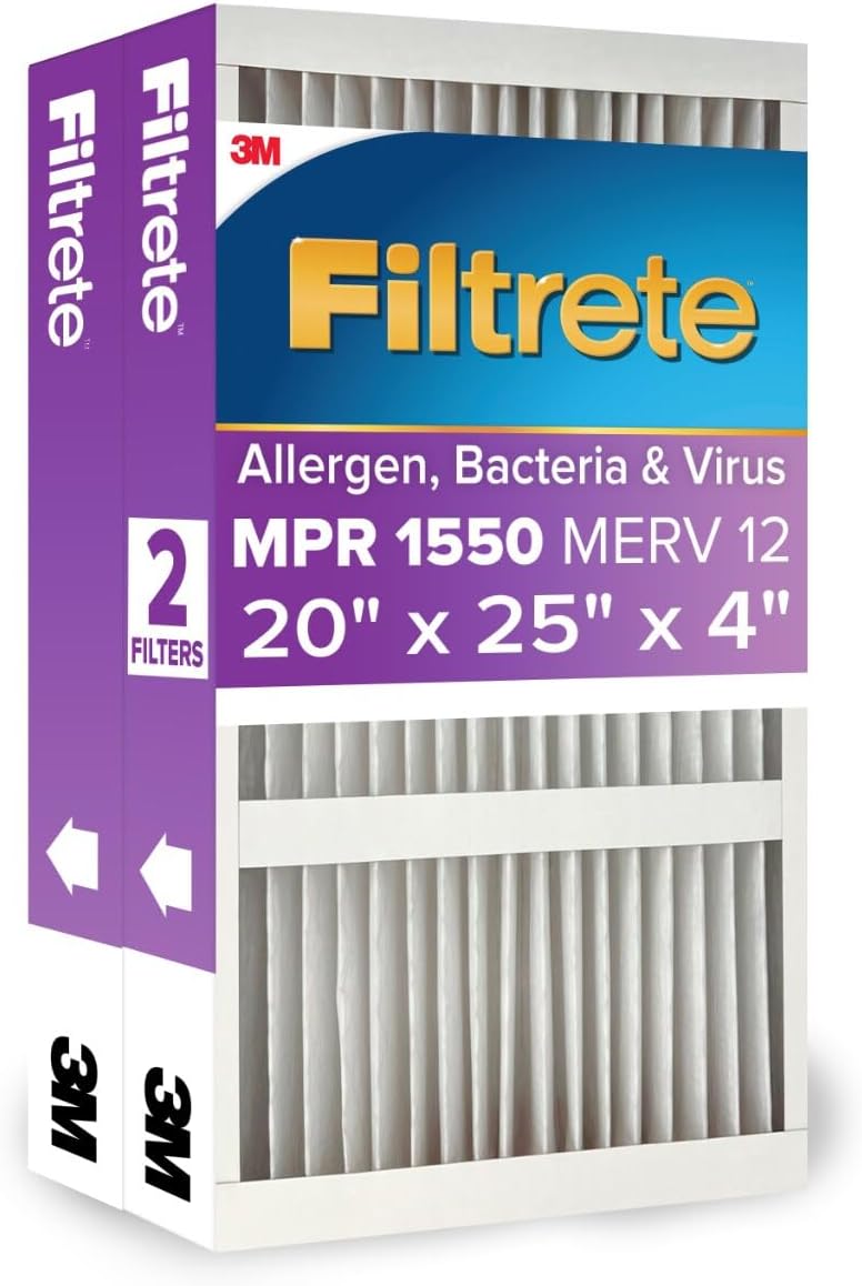 Filtrete 20x25x4 AC Furnace Air Filter, MPR 1550, MERV 12, Fits Lennox & Honeywell, Allergen, Bacteria & Virus, Electrostatic Air Cleaning Filter, 2-Pack (actual size 19.88 x 24.63 x 4.31)