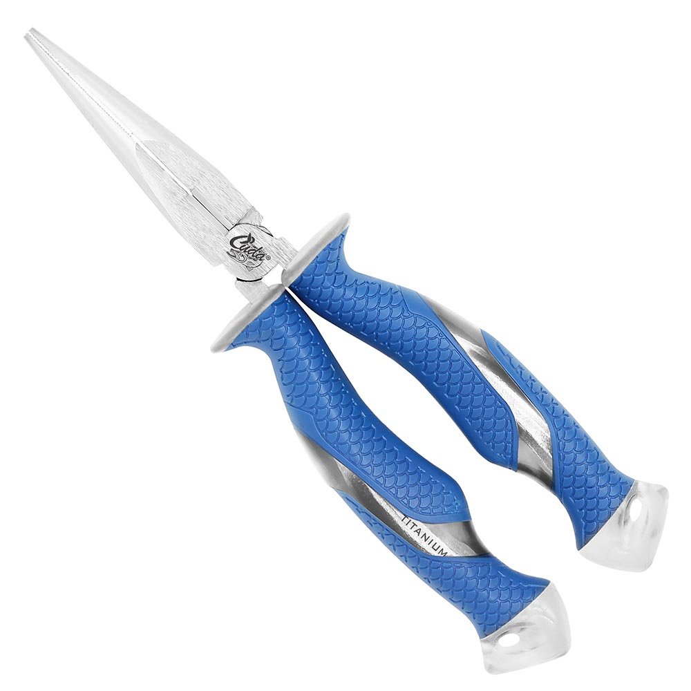 Cuda 8.75-Inch Needle Nose Fishing Pliers with Integrated Titanium Wire and Mono Cutters, Blue, (18828)