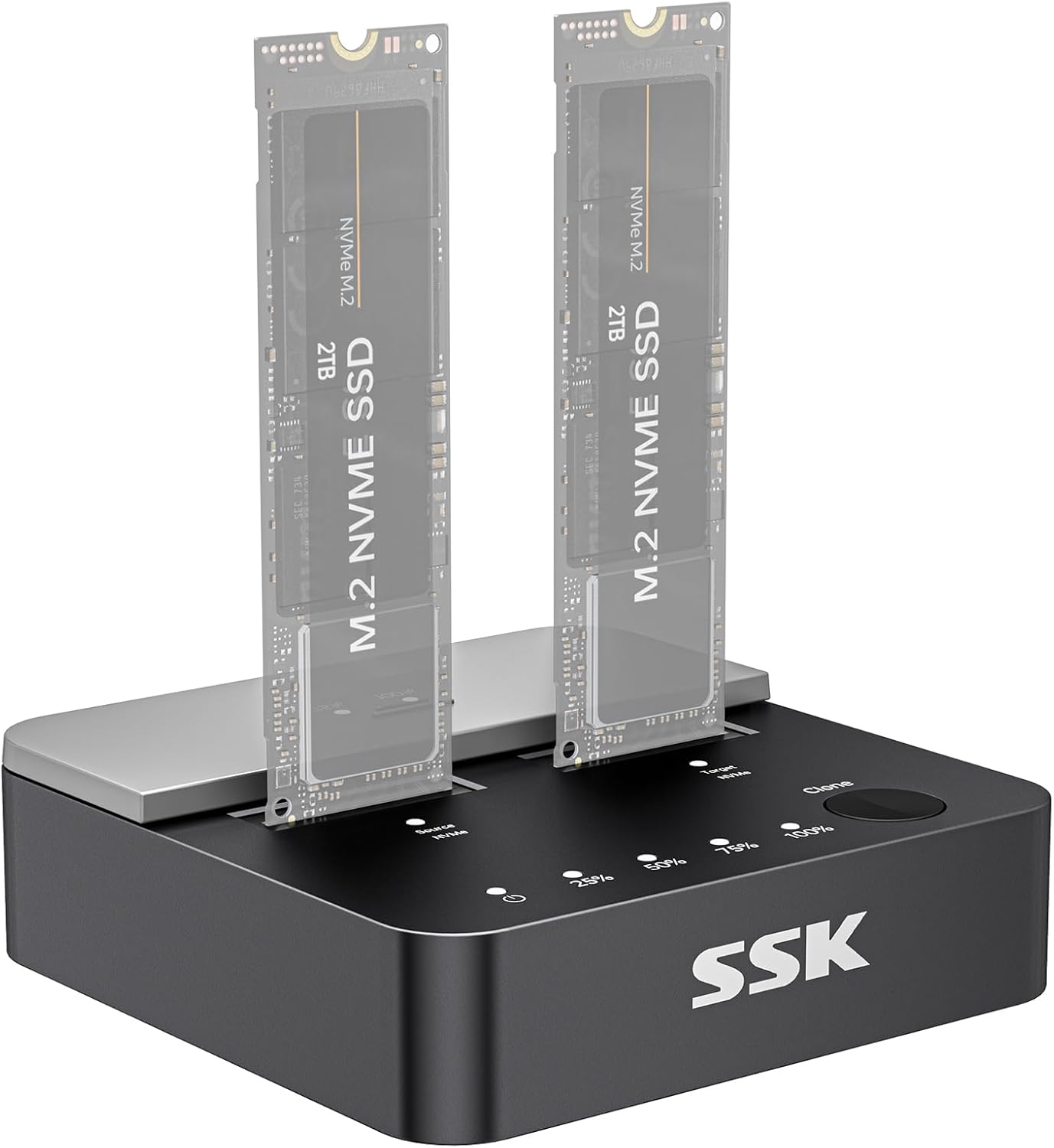 SSK NVMe SSD Cloner, M.2 Duplicator Dual Bay NVMe Enclosure, Tool-Free 20Gbps USB3.2 Gen 2X2 SSD to USB Adapter M.2 Docking Station for M Key PCIE NVMe SSD Reader Supports Offline Clone