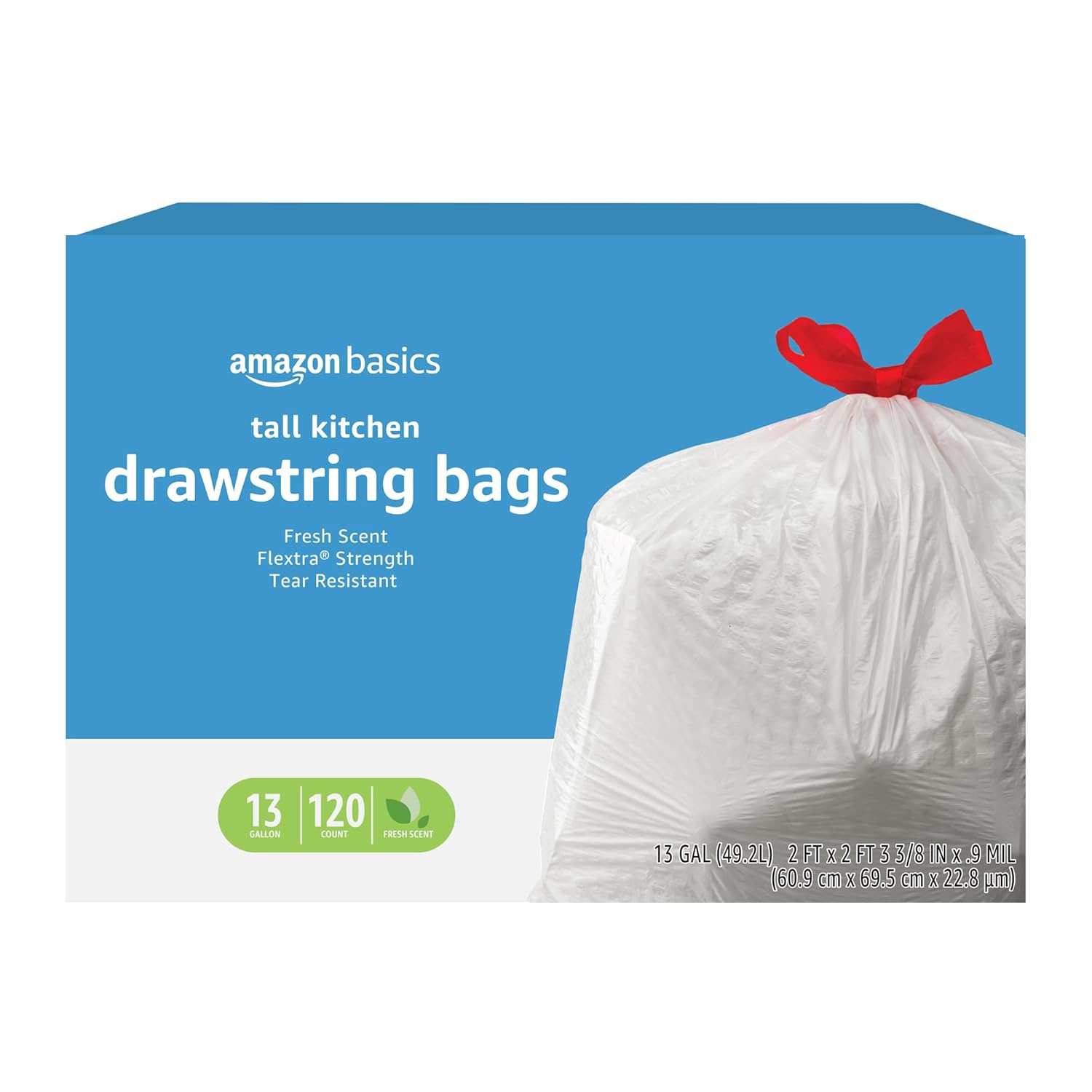 Amazon Basics Flextra Tall Kitchen Drawstring Trash Bags, Fresh Scent, 13 Gallon, 120 Count