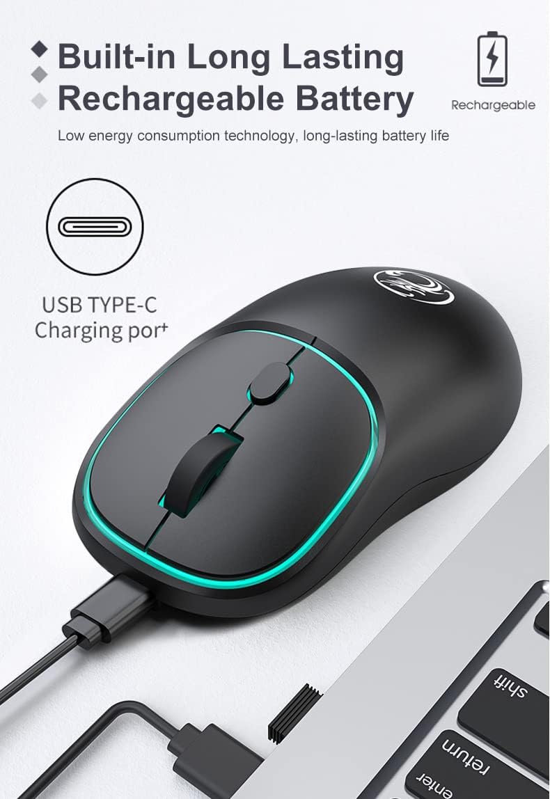 Wireless Mouse for Laptop, 2.4 GHz with USB Receiver Mice for Computer – Rechargeable Portable Silent LED Mouse for MacBook air,pro,iPad,Mac,Chromebook,PC, with USB-C Adapter