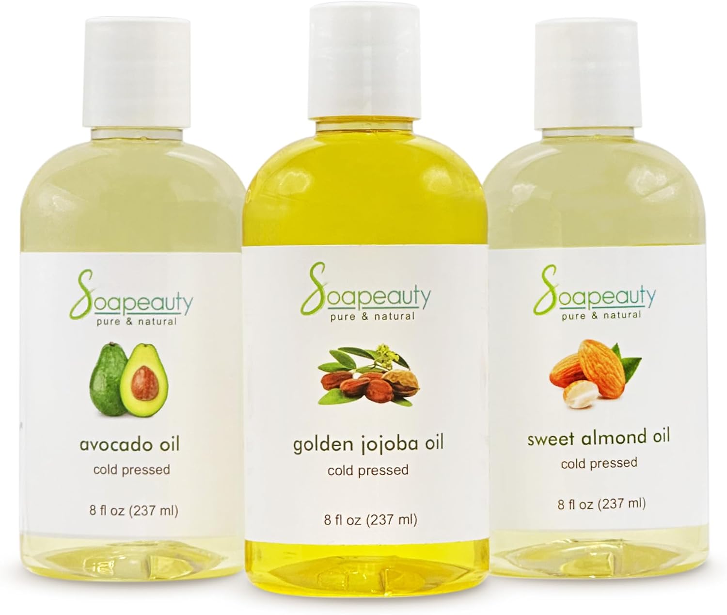 Sweet Almond Oil | Golden Jojoba Oil | Avocado Oil | Pack of 3 | Cold Pressed | Carrier for Essential Oils, Moisturizer for Skin, Face & Hair, Soap Making | 8 fl oz Each