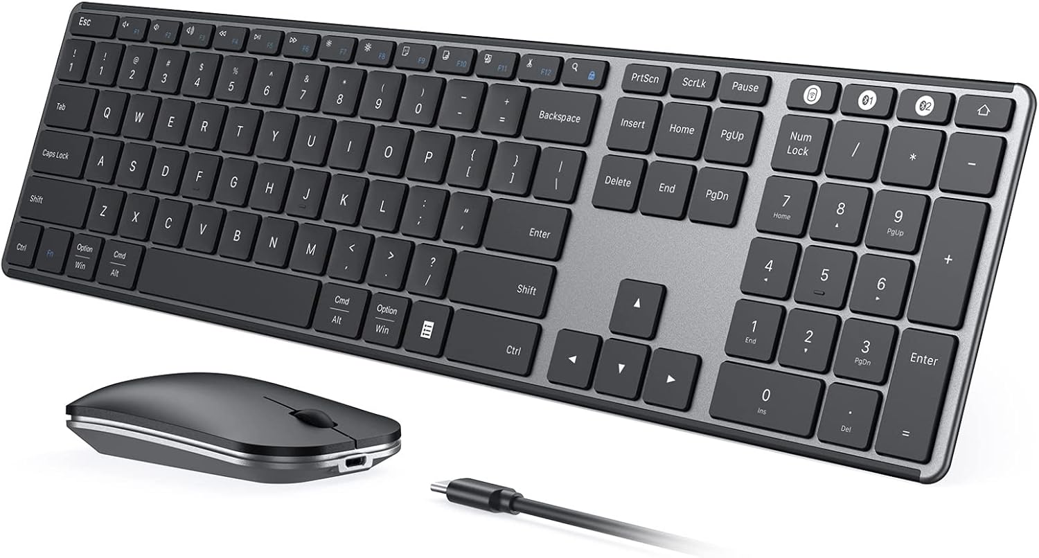 Wireless Bluetooth Keyboard and Mouse Combo (USB + Dual BT), seenda Multi-Device Rechargeable Slim Keyboard and Mouse, Compatible for Win 7/8/10, MacBook Pro/Air, iPad, Tablet – Black Gray