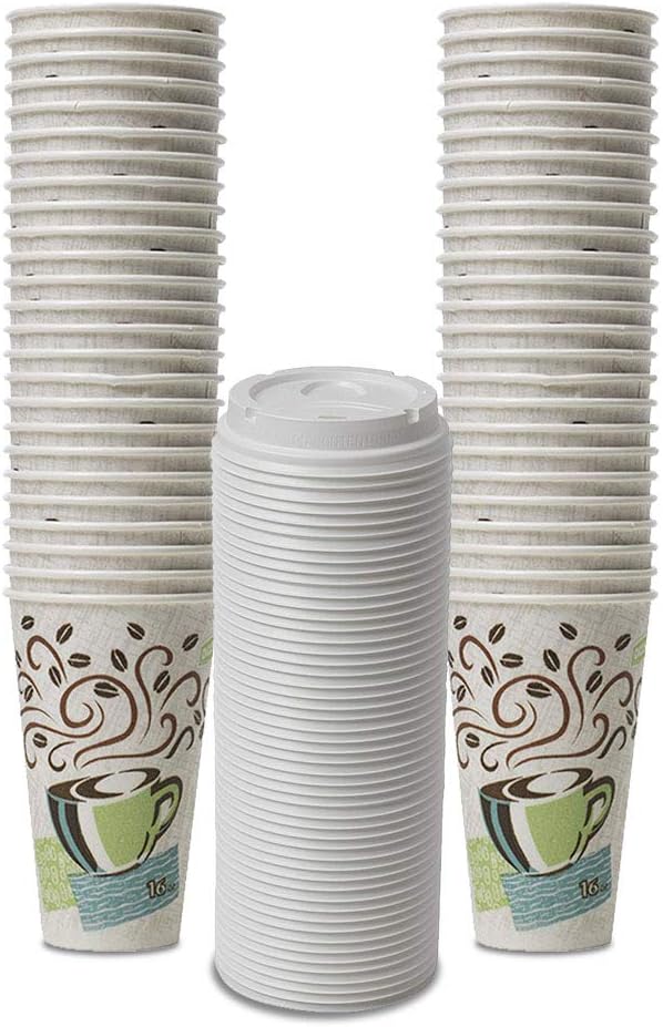 Dixie PerfecTouch WiseSize Coffee Design Insulated Paper Cup, 16oz Cups and Lids Bundle (16 oz, 50 Cups, 50 Lids)