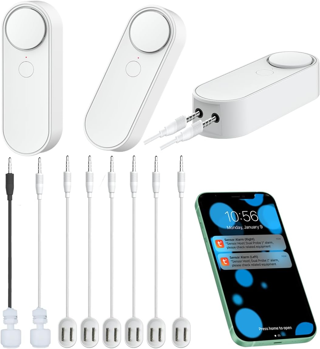 Upgrade WiFi Water Leak / Water Level 8 Sensor Probes, Smart Water Sensor Alarms, Detached 5 M Dual Detection Line, Left and Right Dual Alarms, Remote App Monitoring, Dual Alerts, AAA Battery Powered