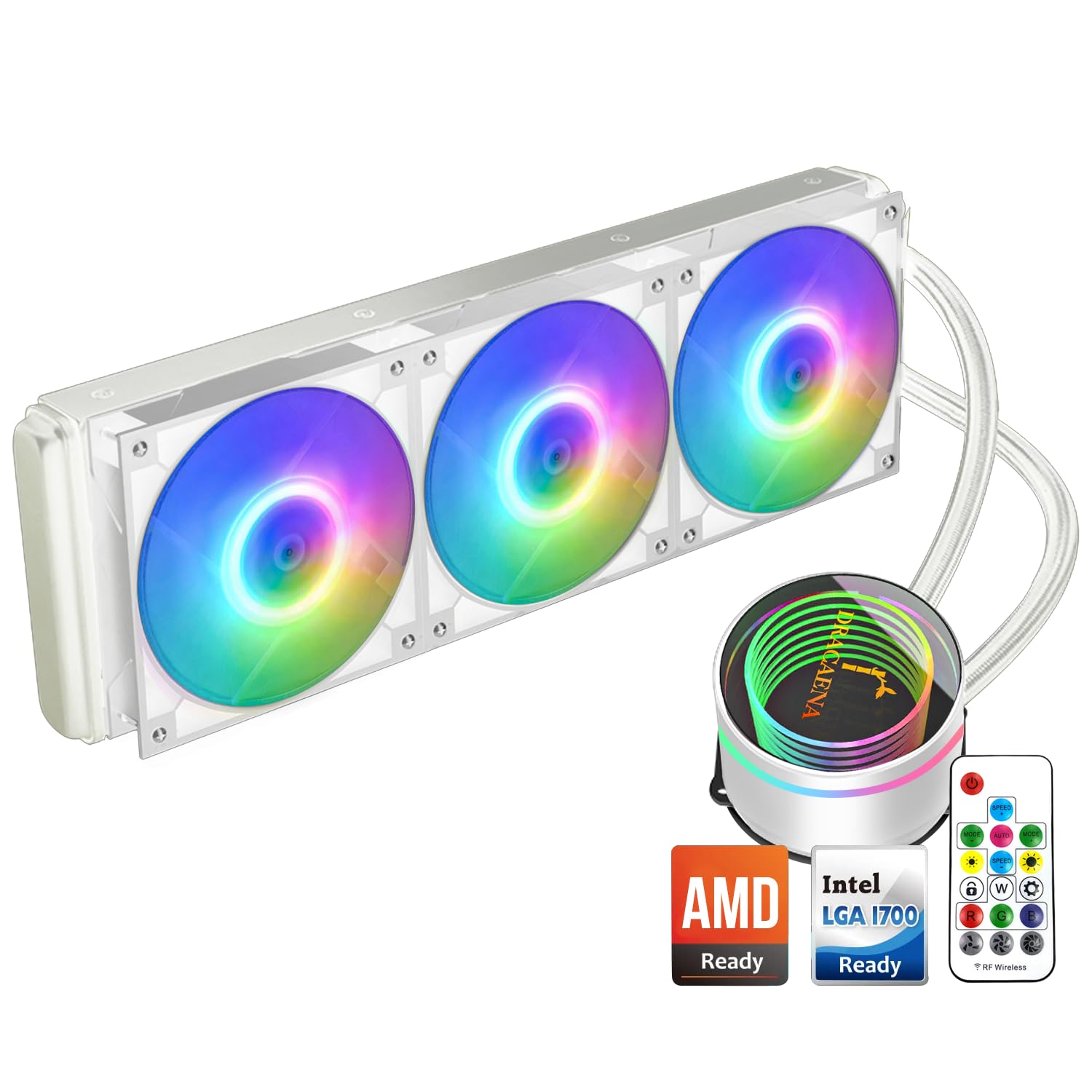 Dracaena AIO CPU Cooler, Color Change Remote, 360mm Radiator, ARGB PWM Fans Quiet Less Than 27DBA, Compatible with AMD AM5/AM4-Intel LGA 1700/1200/115X, Leakproof Technology, High Flow Pump, White