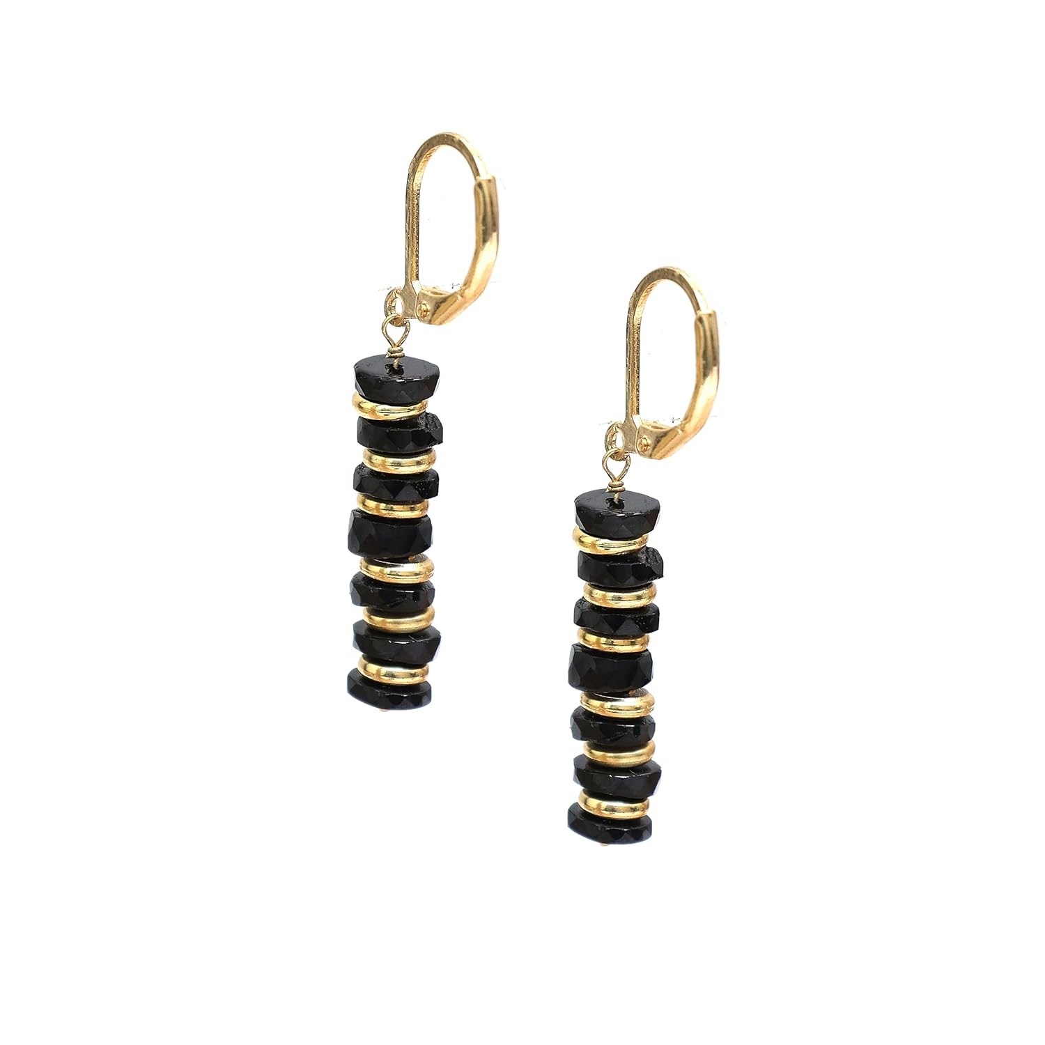 Gempires Black Spinel Heishi Beads Leverback Earrings, Dangling Earring for Women, Black Crystal Earrings, 14K Gold Plated Hoop, Protection and Grounding, Trending