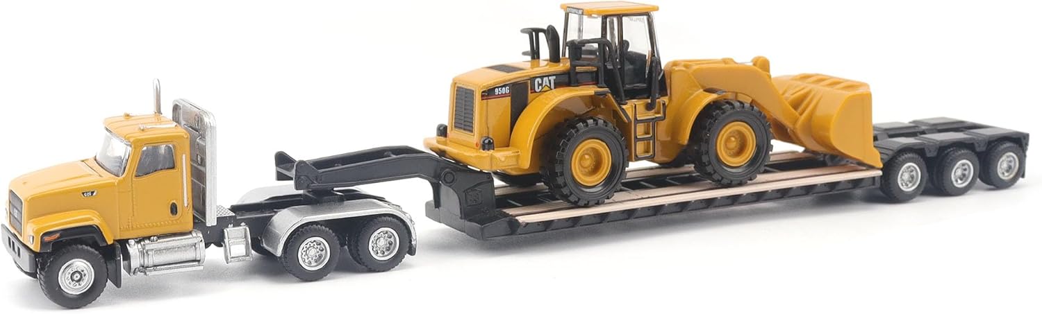 Diecast Masters | 1:87 Scale Cat CT681 Day Cab Tractor with Lowboy Trailer and Cat 950G Wheel Loader | Model 84418