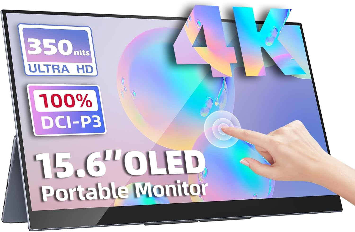 Portable Monitor OLED 15.6 Inch Touchscreen 4K UHD 3840X2160 100% DCI-P3 100000:1 Multi-Touch HDR USB-C HDMI Travel Monitor for Laptop with Kickstand & SleeveCase