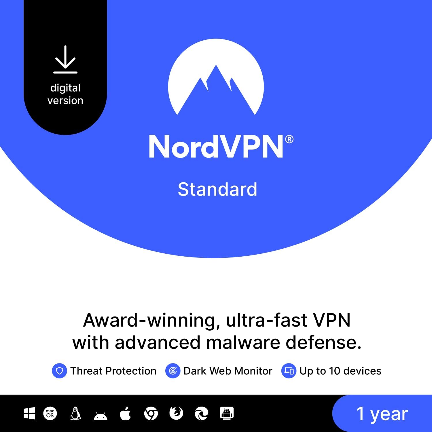 NordVPN Standard – 1-Year – VPN & Cybersecurity Software For 10 Devices – Block Malware, Malicious Links & Ads, Protect Personal Information – PC/Mac/Mobile [Online Code]