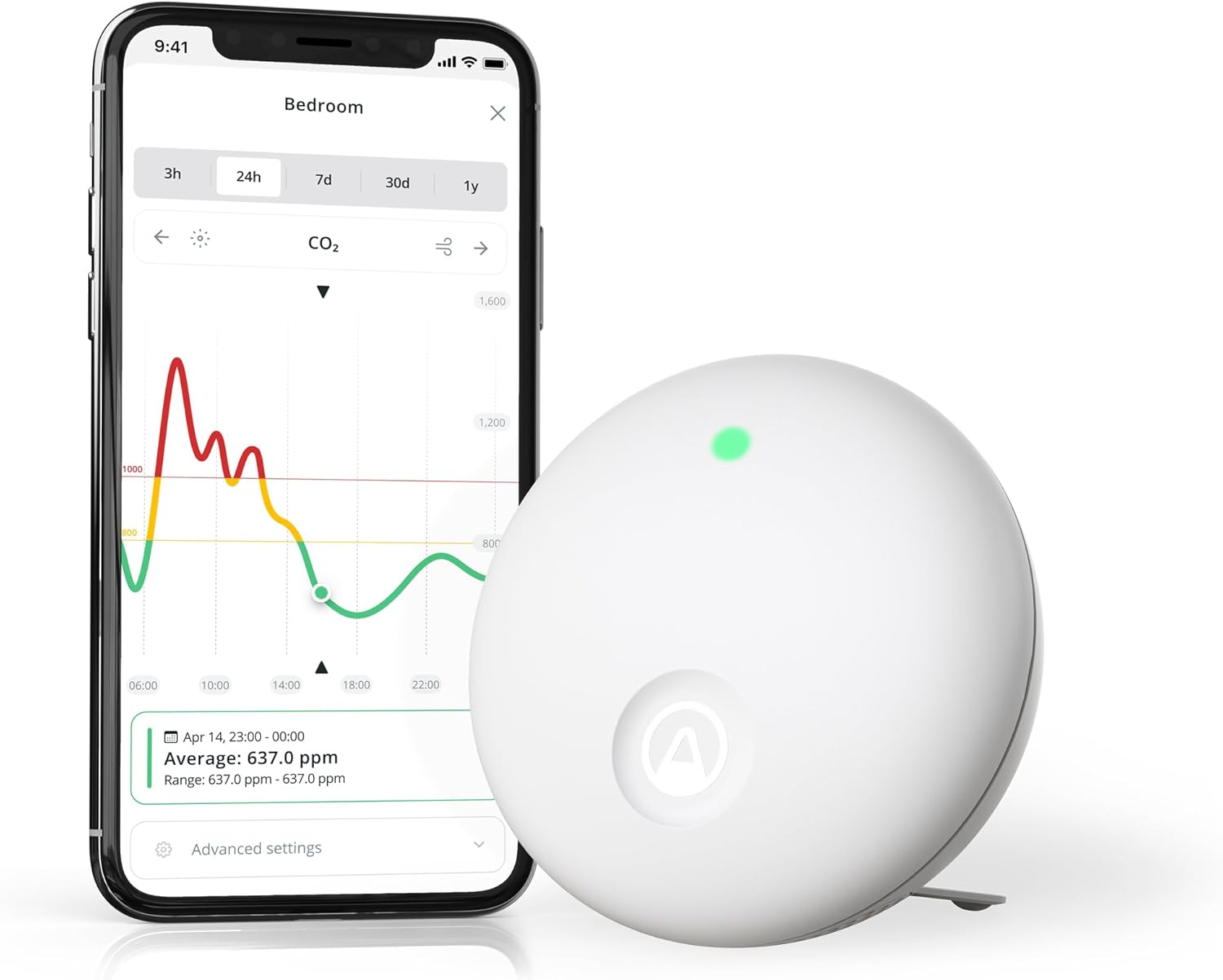 Airthings 322 Wave Enhance -Indoor Air Quality Monitor for CO2, VOC, Humidity, Temp, Pressure plus Noise & Light Sensors – Monitors Conditions for Sleep in Bedrooms & for Concentration in Home Offices