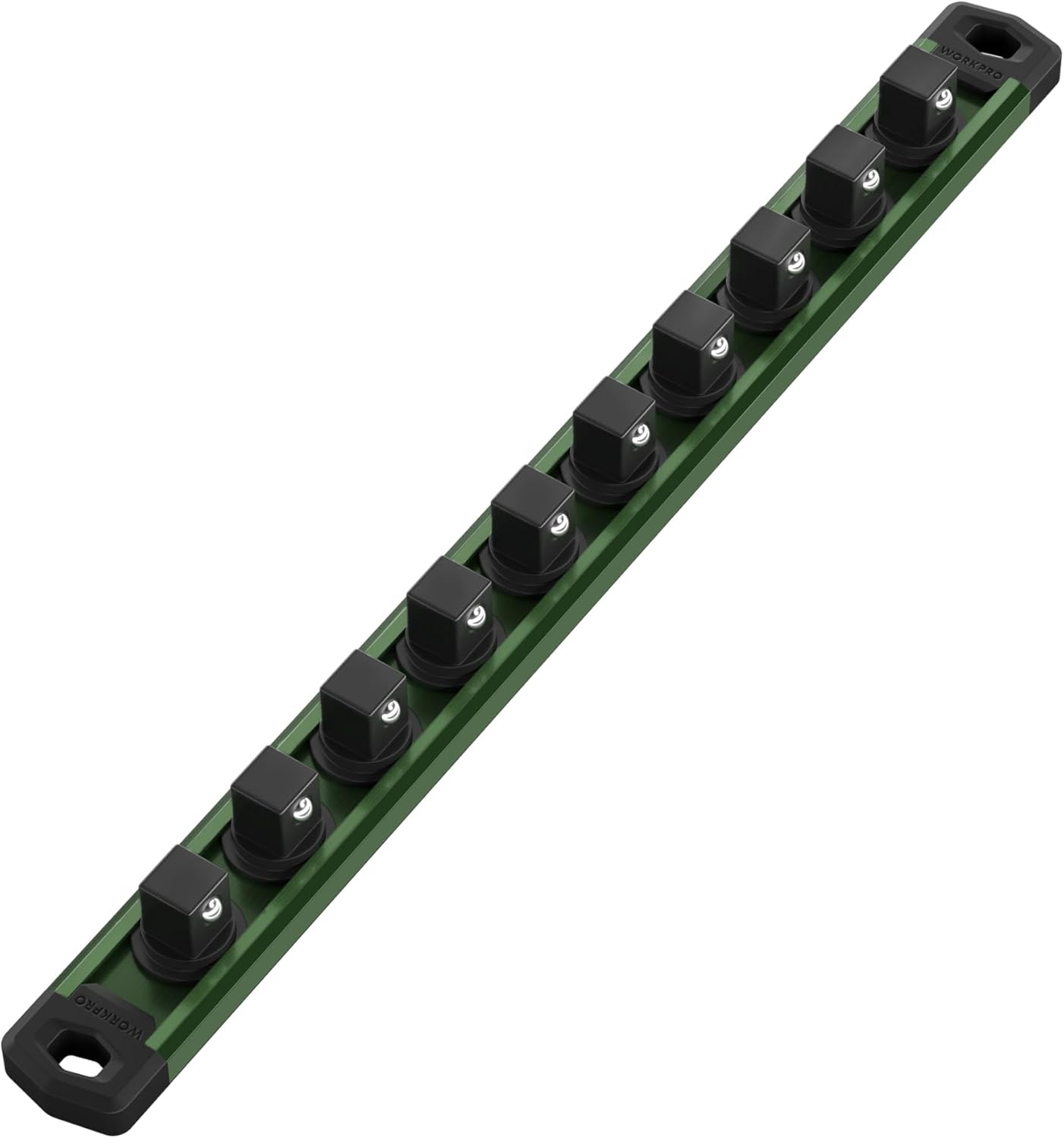 WORKPRO Magnetic Socket Organizer, 1/2-Inch Drive Aluminum Alloy Socket Rail, Heavy Duty Socket Holder, Socket Rack Kit 1/2-Inch x 10 Clips Green(Socket not Included)