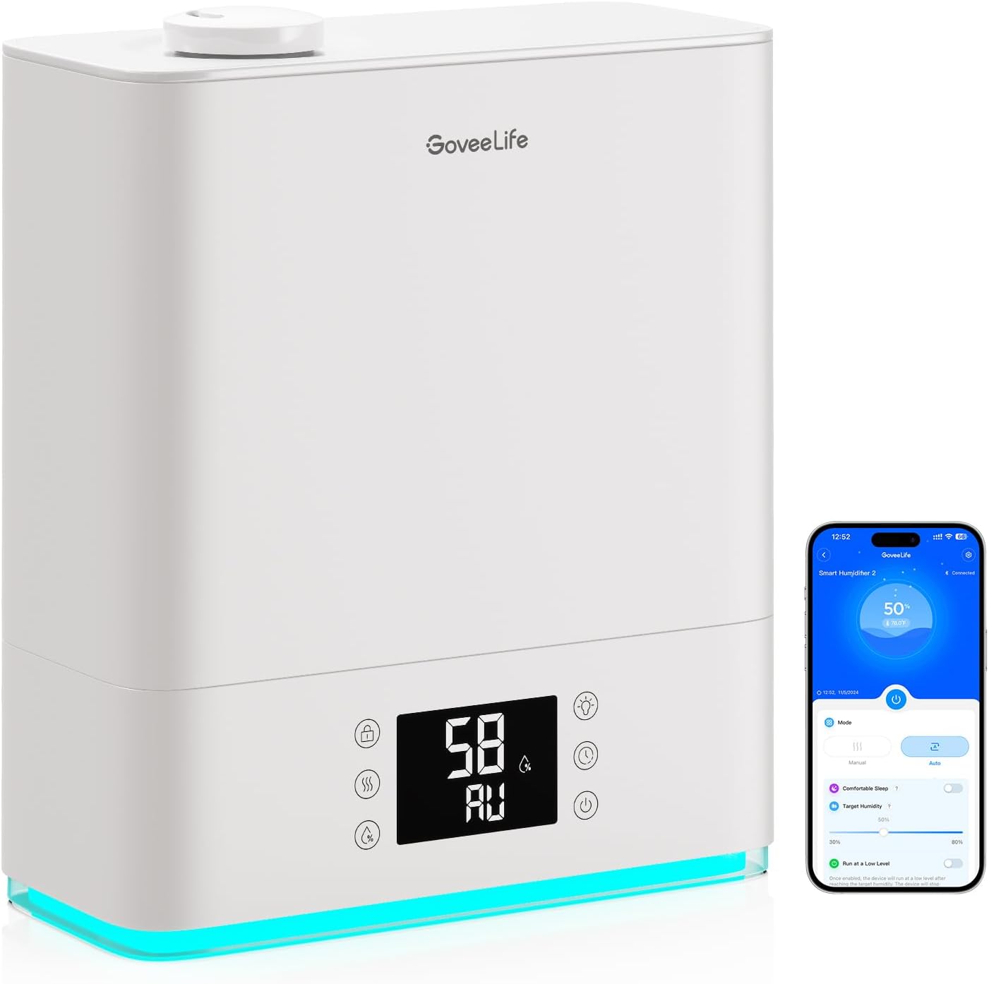 GoveeLife Smart Humidifier for Bedroom Large Room, Top-Fill Cool Mist 6L Humidifier, Auto Mode, App & Voice Control, 60H Runtime, RGB Nightlight, WiFi Air Humidifier for Baby Plants, White