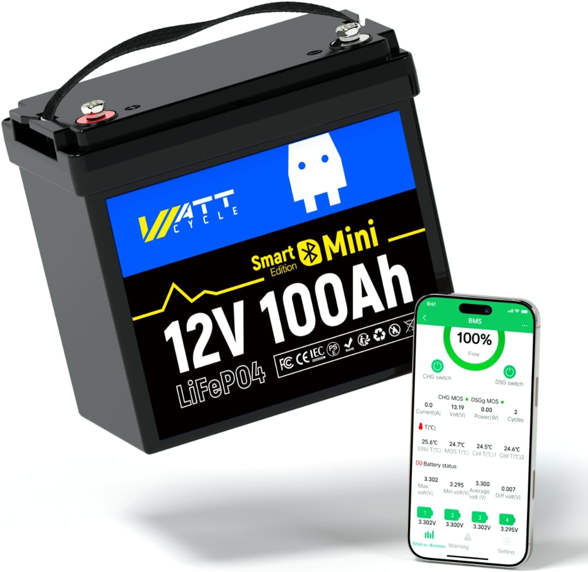 12V 100Ah LiFePO4 Lithium Battery with Bluetooth, BCI Group 24, 12V Mini Battery 100A Smart BMS, Support Monitoring Battery via Phone Bluetooth, 15000 deep Cycles, Marine Trolling Motor RV