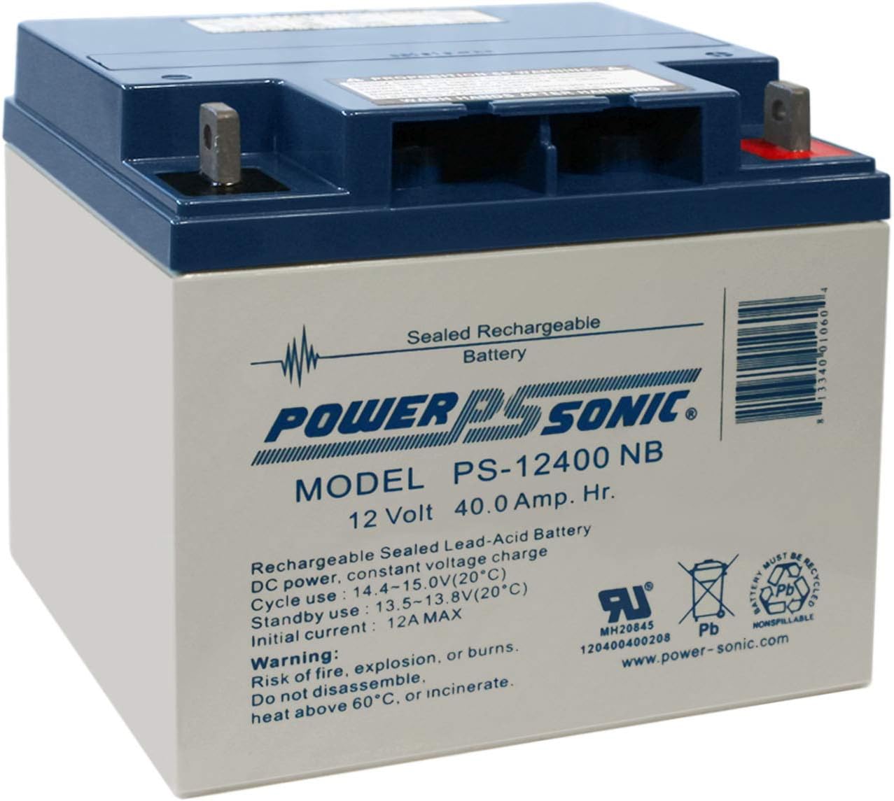 PS-12400-12 Volt/40 Amp Hour Sealed Lead Acid Battery with Nut-Bolt Terminal