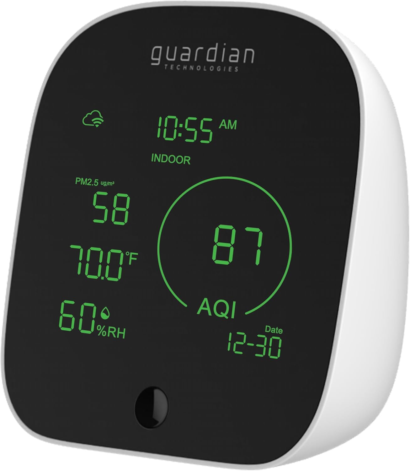 Guardian Technologies Smart Air Quality Monitor, Displays PM 2.5 Levels, Humidity, Temperature Indoor and Outdoor and VOCs in Real Time, App Controlled, Alexa and Google Enabled, Black/White, AQM101