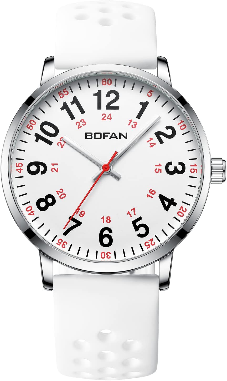 BOFAN Nurse Watch for Nurse,Medical Professionals,Students,Doctors with Easy to Read Dial,Second Hand and 24 Hour,Soft and Breathable Silicone Band,Water Resistant