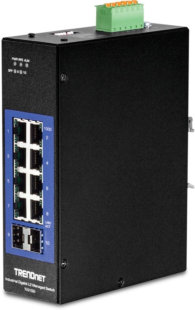 TRENDnet 10-Port Industrial Gigabit L2 Managed DIN-Rail Switch, 8 X Gigabit, 2 X SFP Slots, DIN-Rail Mount, IP30, Vlan, Qos, Lacp, STP/Rstp, Bandwidth Management, Lifetime Protection, TI-G102i,Black