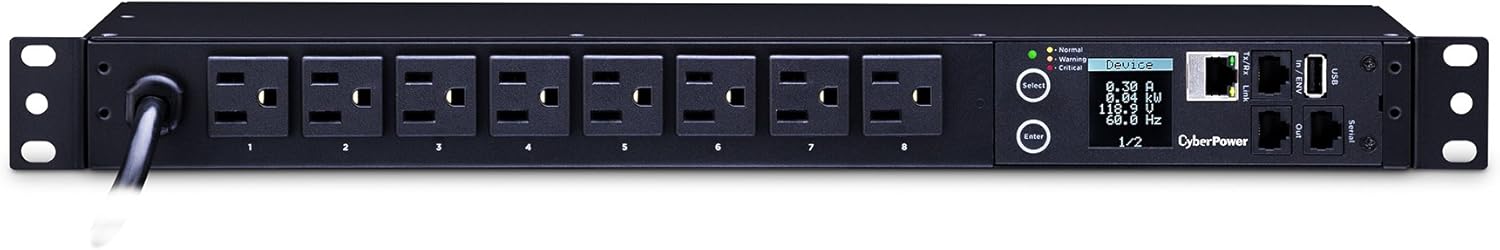 CyberPower PDU31001 Monitored PDU, 100-120V/15A, 8 Outlets, 1U Rackmount