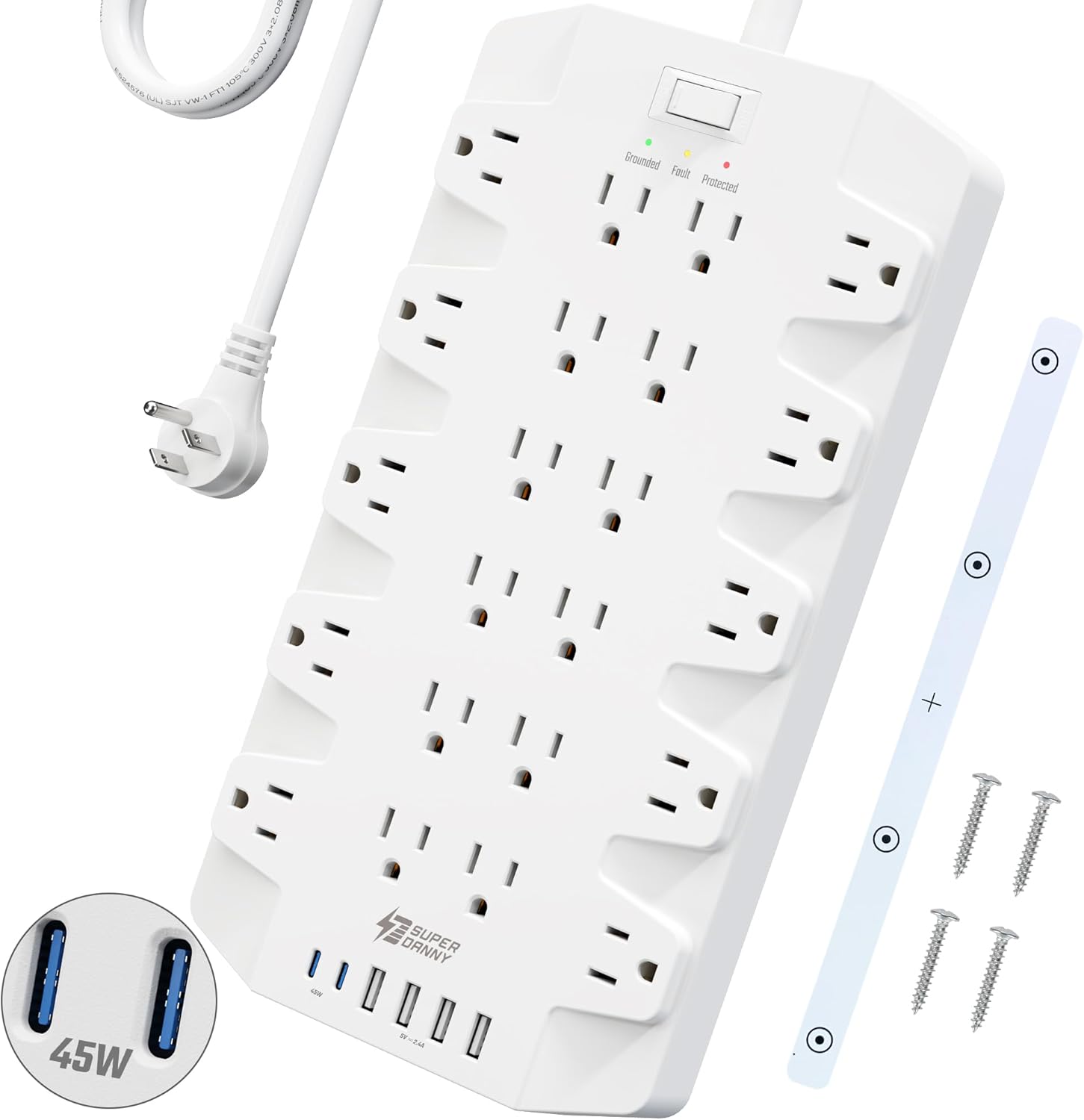 45W Power Strip Surge Protector with PD USB-C, SUPERDANNY 1875W/15A, 2100J, 6.5ft Flat Plug Mountable Extension Cord with 22 Outlet+6 USB Port, Fast Charging for Home,Office,Dorm,Gaming,PC,Streaming