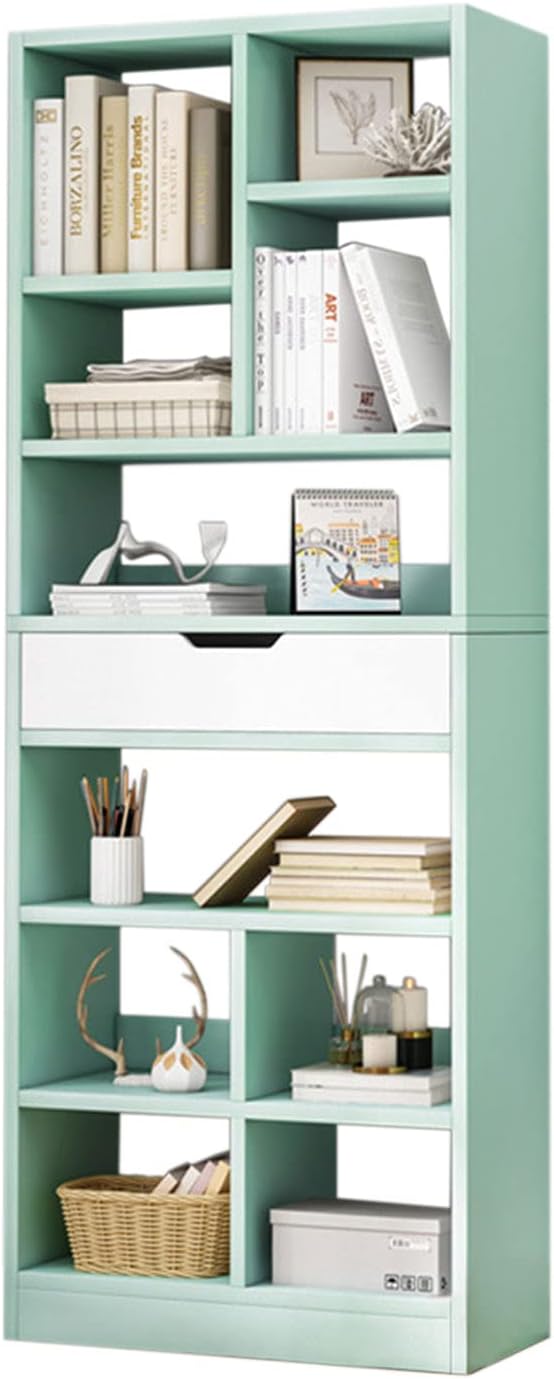 IOTXY Wooden Open Shelf Bookcase – 71 Inches Tall Freestanding Display Storage Cabinet Organizer with 10 Cubes and a Drawer, Floor Standing Bookshelf in Tiffany-Green