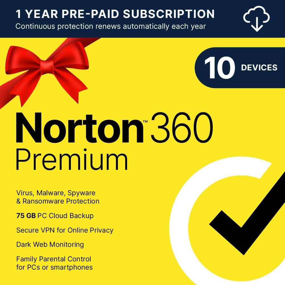 Norton 360 Premium 2025, Antivirus software for 10 Devices with Auto Renewal – Includes VPN, PC Cloud Backup & Dark Web Monitoring [Download]