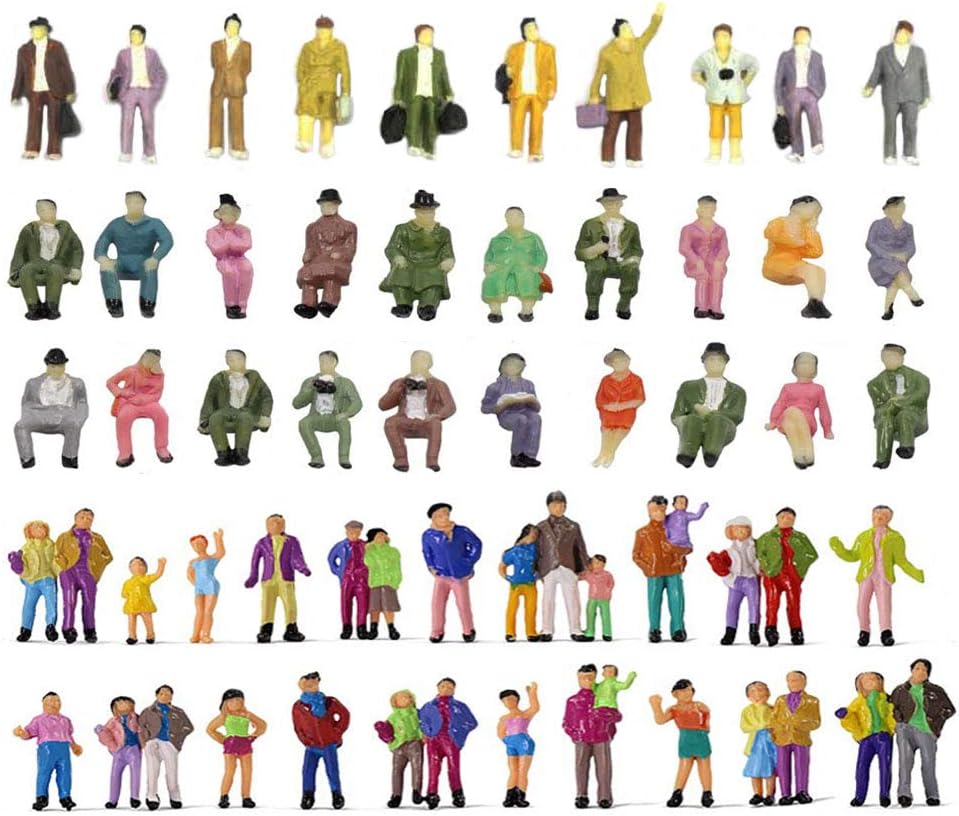 Hiawbon 50 Pcs 1:87 Scale/HO Scale People Figurines Set Tiny Sitting and Standing Delicate Hand Painted People Model Train Park Street People Figures for Miniature Scenes