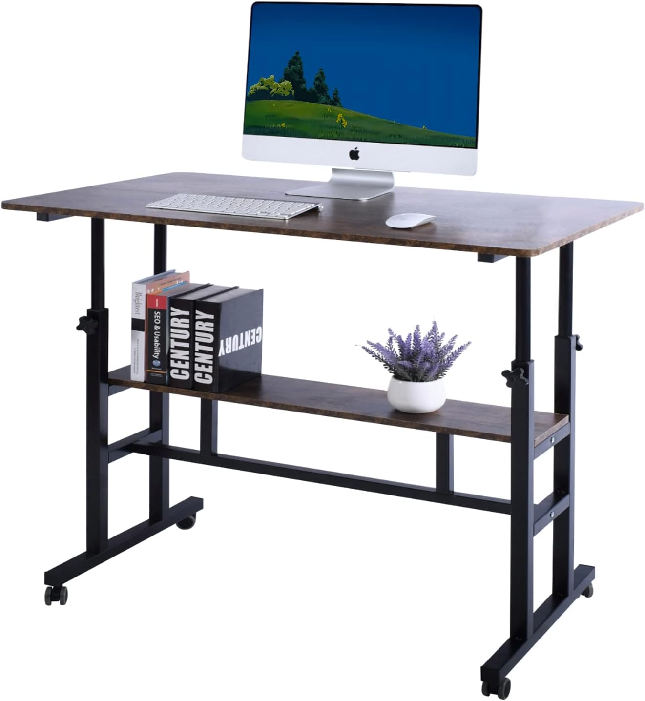 AIZ Adjustable Computer Double-Layer, Rolling Wheels Home Office Workstation, Portable Laptop Table Sitting, Adults or Children,Black Mobile Standing Desk, 39.4″ x 23.6″, Rustic