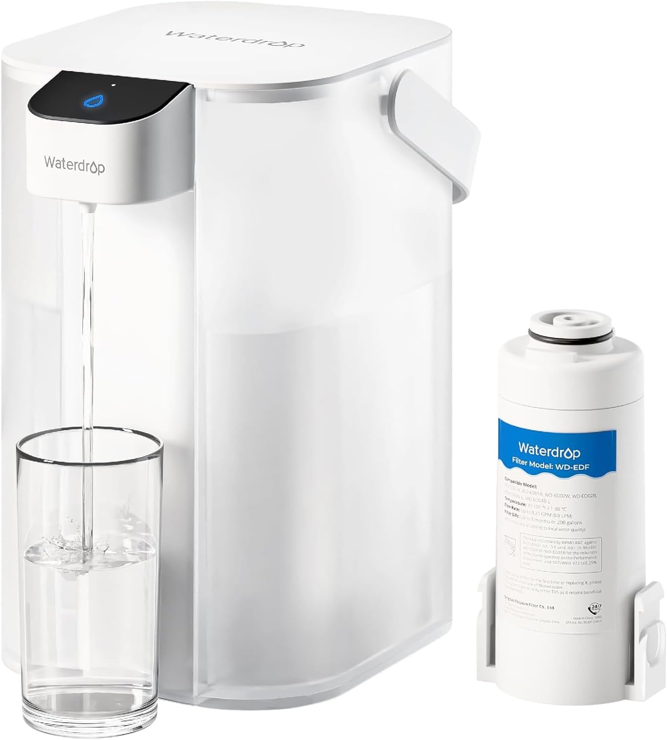 Waterdrop Electric Water Filter Pitcher, Rechargeable Water Dispenser, Instant 15-Cup Countertop Purifier, NSF/ANSI 401&53&42&372, Reduce PFAS, Lead, Chlorine, White, with 1 Filter, Does not Lower TDS