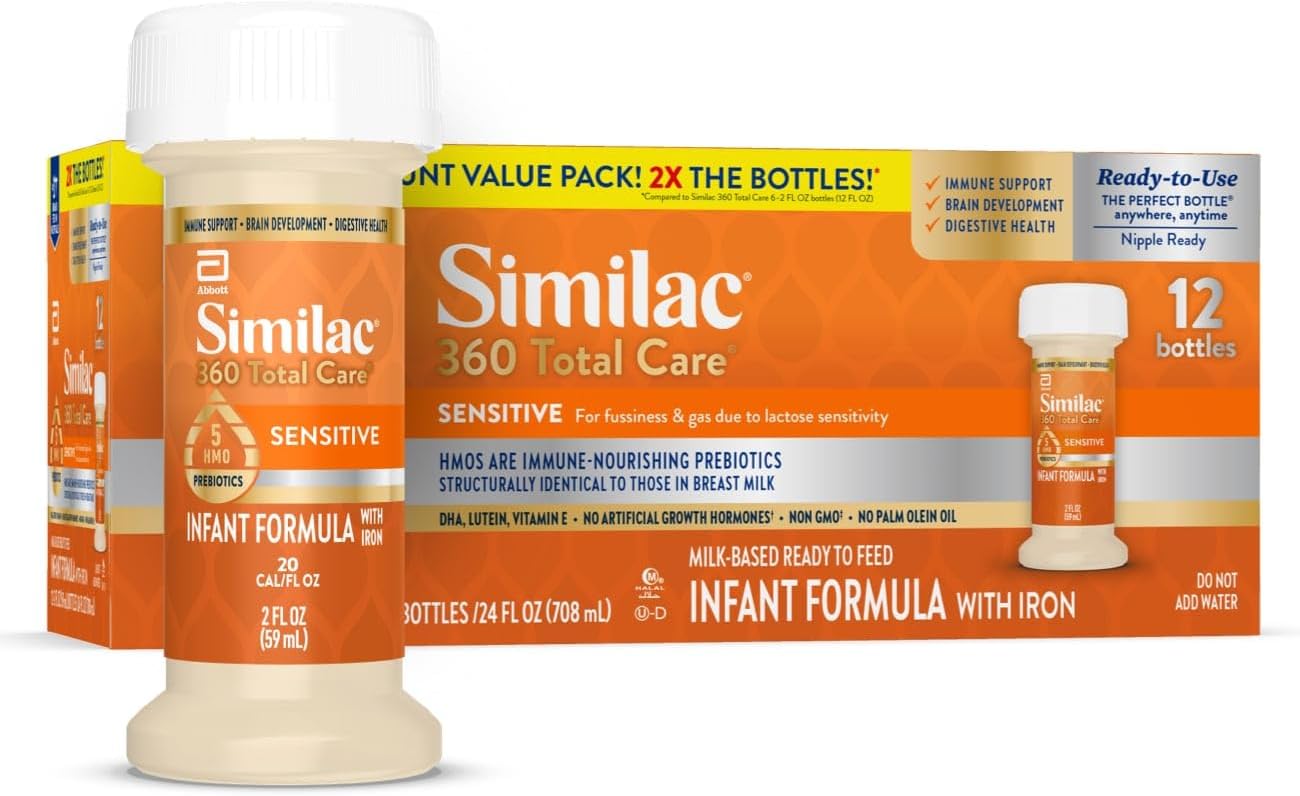 Similac 360 Total Care Sensitive* Infant Formula With 5 HMO Prebiotics, for Fussiness & Gas Due to Lactose Sensitivity, Non-GMO, ‡ Baby Formula, Ready to Feed, 2-fl-oz Bottle, Pack of 12