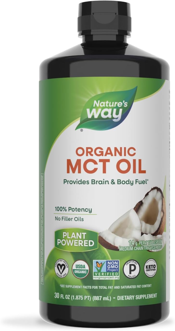 Nature’s Way Organic MCT Oil, 30 Fl Oz, Brain and Body Fuel from Coconuts*, C8 Caprylic Acid and C10 Capric Acid, Keto and Paleo Certified, Organic, Non-GMO Project Verified (Packaging May Vary)