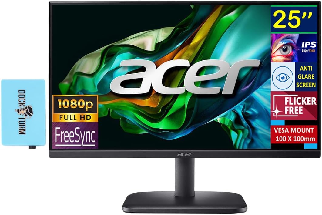 acer 24.5” Monitor, FHD IPS Display, 100hz with FreeSync Technology, VESA Mount (100x100mm), HDMI, VGA, Audio in/Out, (2024 Latest Model, E Series) w/Dockztorm Hub