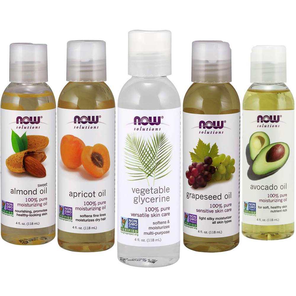 New Now Foods Solutions 5 Pack – Carrier Oil Gift Set: Almond Oil – Grapeseed Oil – Avocado Oil – Apricot Oil – Vegetable Glycerine Oil 100% Natural Moisturizing Massage 4 Oz