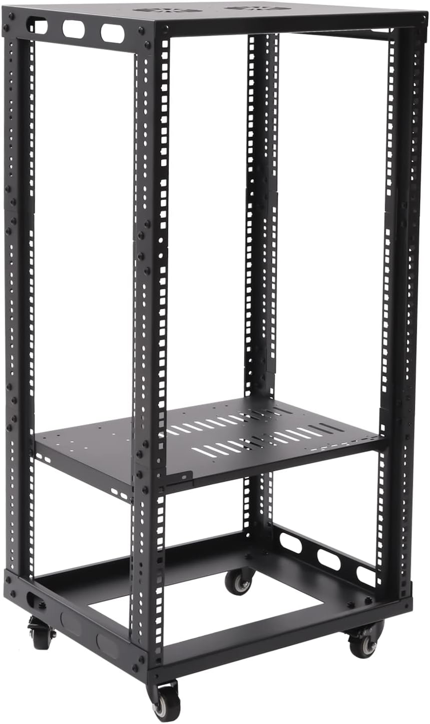 18U Open Frame Server Rack, 4 Post Adjustable Mobile, Free Standing Rolling Network/Computer Equipment Data Rack for Servers and Networking AV Equipment