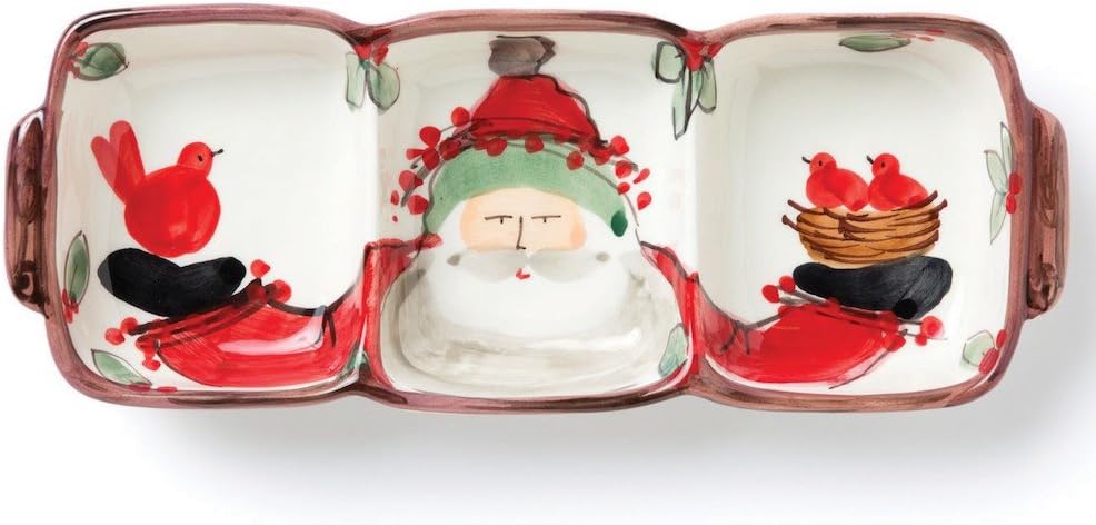 Vietri Old St. Nick Three-Part Server, 13″ Earthenware for Serving Condiments, Snacks & Dips