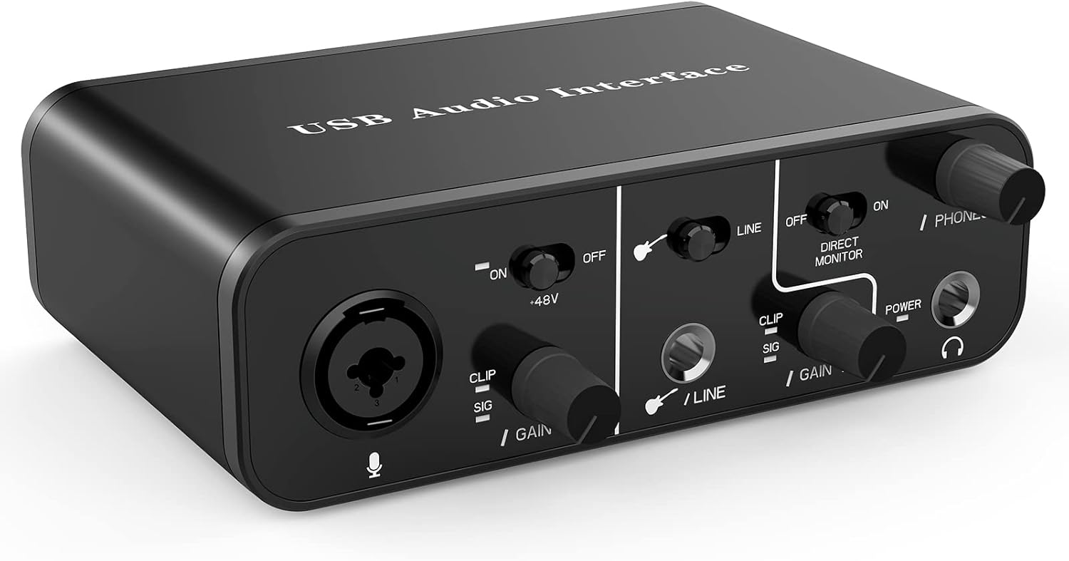 USB Audio Interface for Recording Music, XLR interface with 48V Phantom Power, TRS balanced with Headphone Amplifier, AudioBox Mic Preamps 48v 2 Channel for PC/Win/Mac Streaming and Podcasting