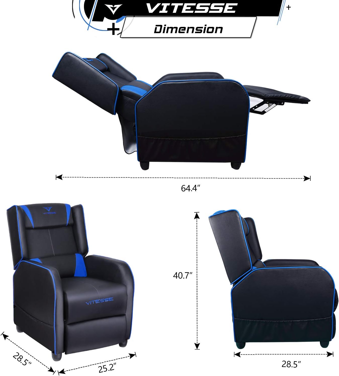 VITESSE VIT Gaming Recliner Chair Racing Style Single PU Leather Sofa Modern Living Room Recliners Ergonomic Comfortable Home Theater Seating, Blue.