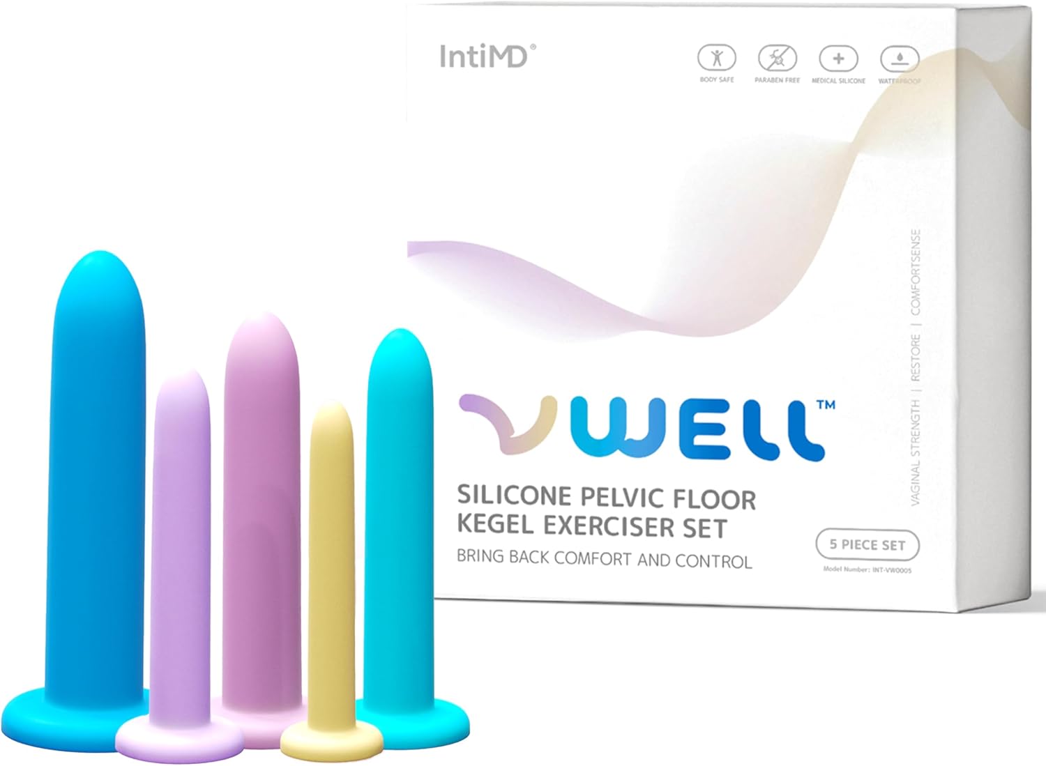 Silicone Pelvic Floor Muscle Dilator Exerciser Trainer Set by VWELL (Complete 5 Kit System)