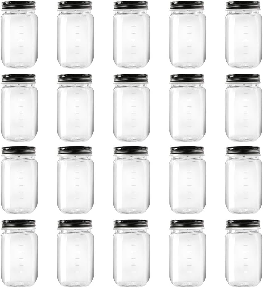 novelinks 16 Ounce Clear Plastic Jars with Black Lids – Refillable Round Clear Containers Clear Jars Storage Containers for Kitchen & Household Storage – BPA Free (20 Pack)