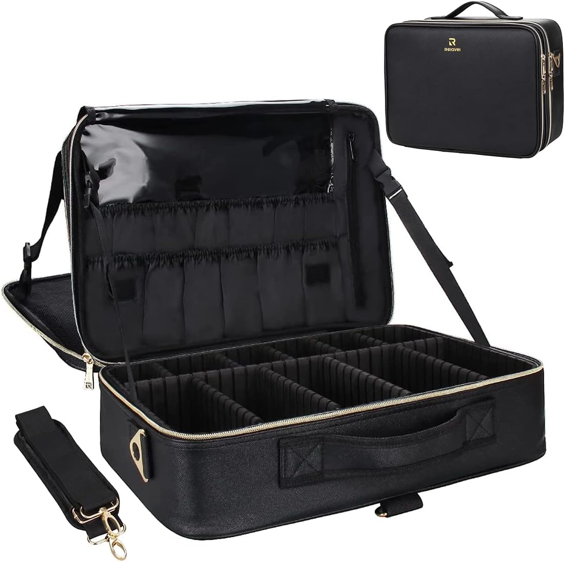 Relavel Makeup Case Large Makeup Bag Professional Train Case 16.5 inches Travel Cosmetic Organizer Brush Holder Waterproof Makeup Artist Storage Box, 3 Layer Large Capacity, with Adjustable Strap