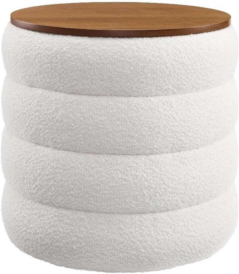 Modway Mezzo Round Boucle Fabric Storage Ottoman Stool in Cloud – Channel Tufted Ottoman – Upholstered Footrest – Versatile End or Side Table with Storage