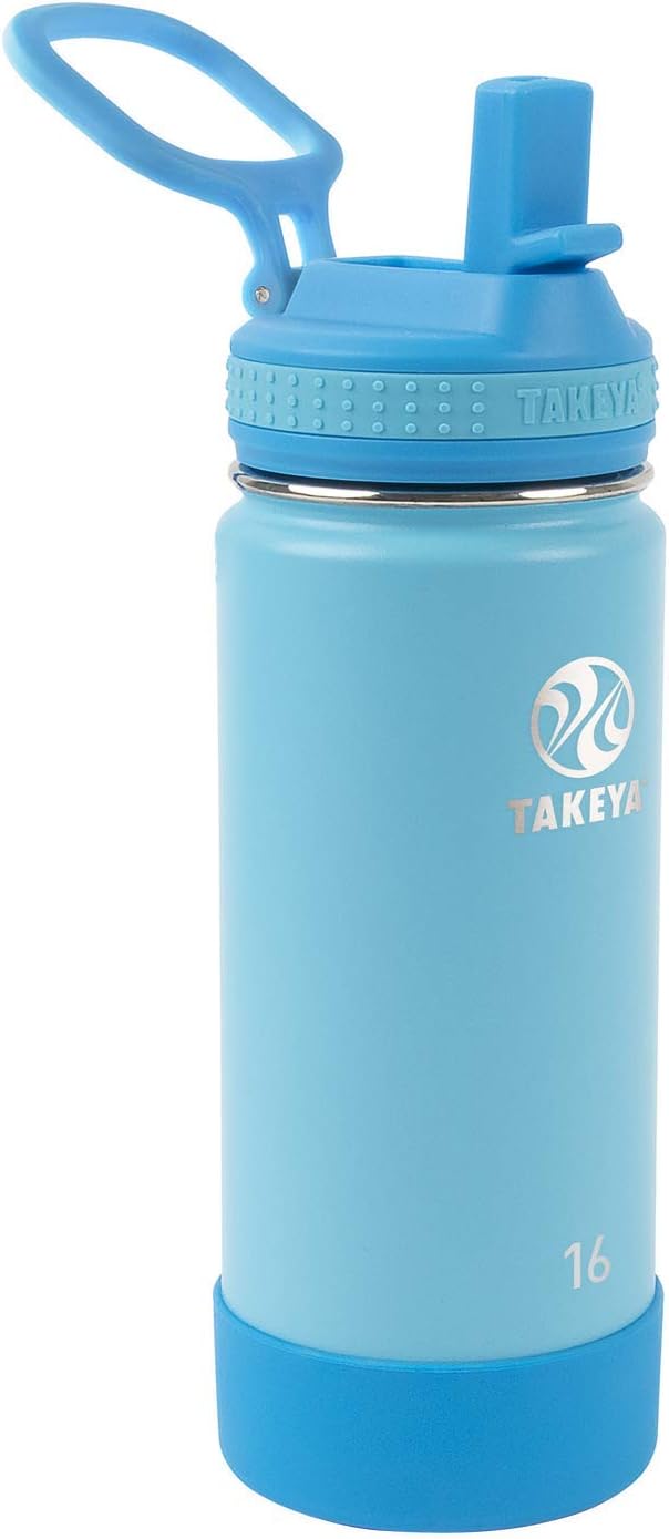 Takeya Actives Kids 16 oz Vacuum Insulated Stainless Steel Water Bottle with Straw Lid, Sail Blue/Atlantic