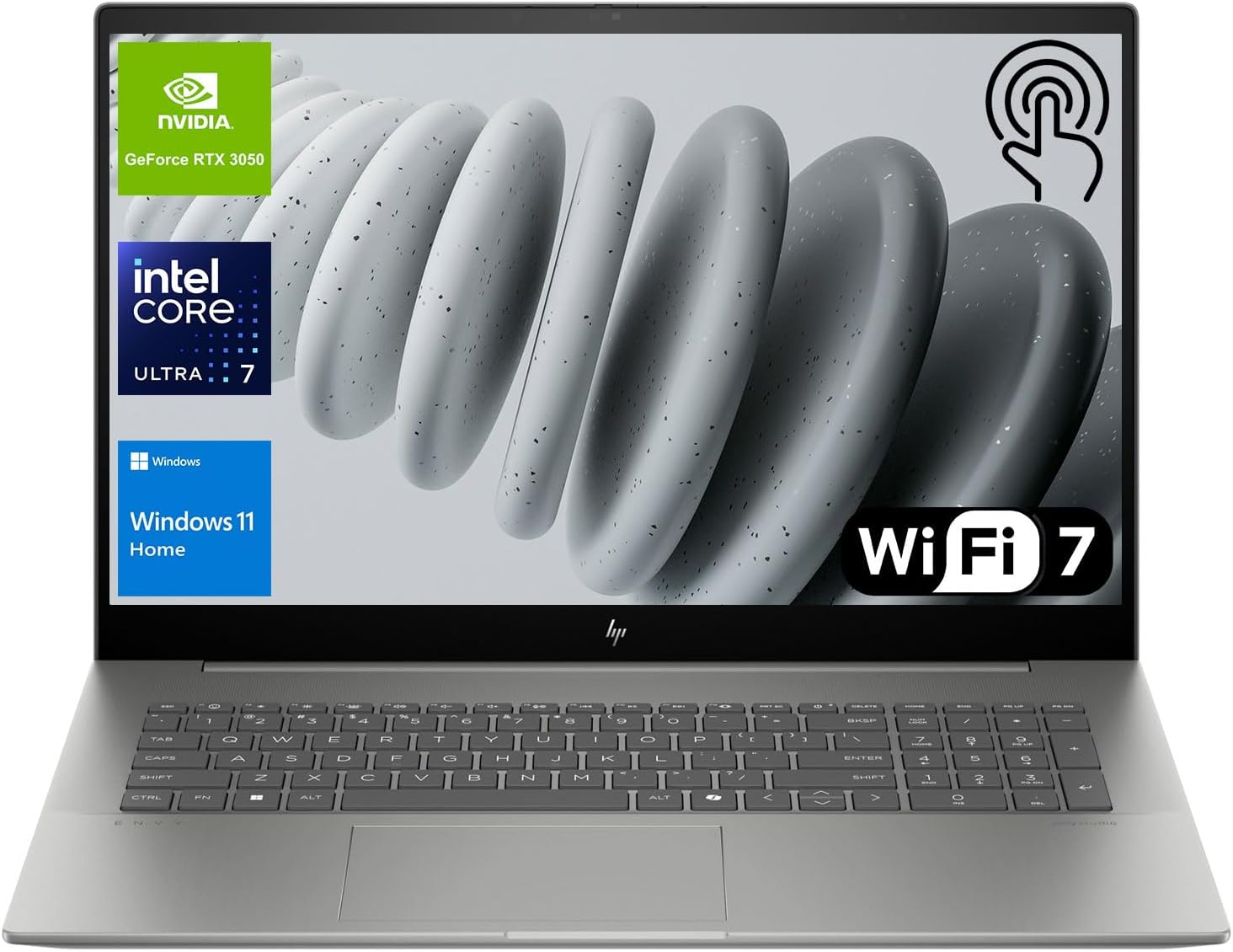 HP Envy Laptop, 17.3″ FHD Touchscreen, Intel Core Ultra 7 155U, NVIDIA GeForce RTX 3050, 32GB DDR5 RAM, 1TB SSD, HDMI, Thunderbolt 4, IR Camera, Wi-Fi 7, Windows 11 Home, Grey